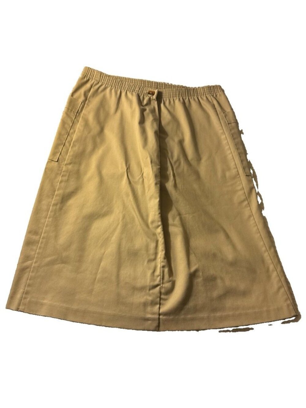 VTG Khaki Tan Pull On A-line Skirt Back Pockets Elastic Waist Midi Unlined